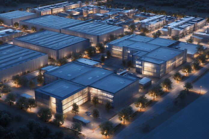 Aerial view of a modern hyperscale data center complex at dusk.