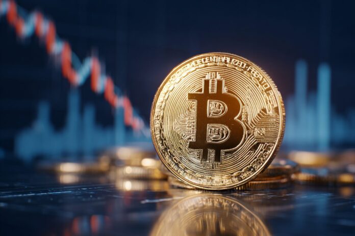 A digital 3D gold coin with the Bitcoin symbol against a background of charts showing declining volatility.