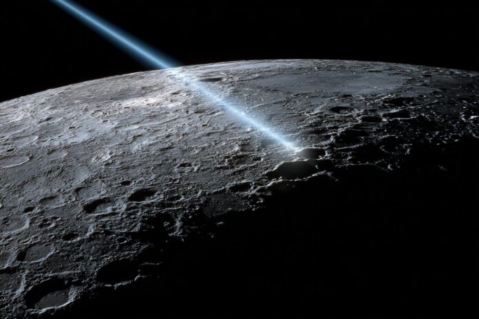 A sweeping laser pointer creates a fast-moving spot across the moon's surface, illustrating apparent faster-than-light motion.