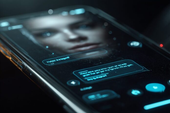 A futuristic Apple device screen displaying conversation with a lifelike AI assistant powered by GPT-5