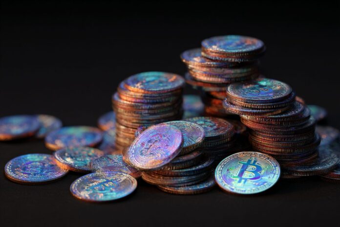 A pile of digital coins marked with blockchain symbols, representing stablecoins' rapid growth.