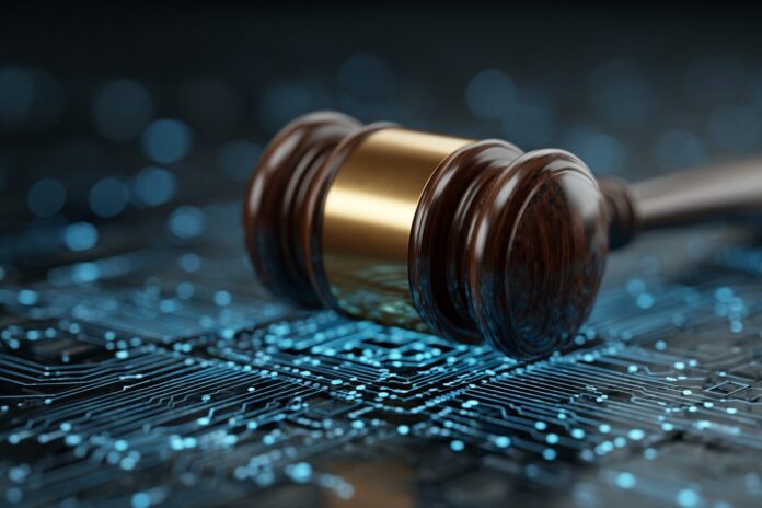 A symbolic gavel overlayed with a digital AI circuit, signifying the intersection of technology and law.