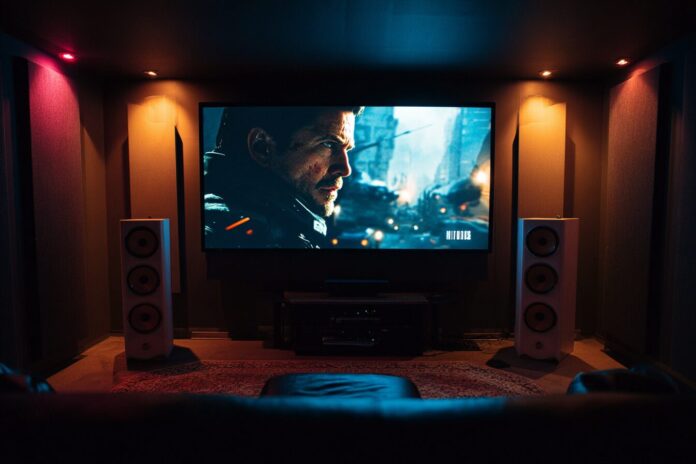 Home theater setup with Dolby Atmos speakers and a large screen showing an action movie.