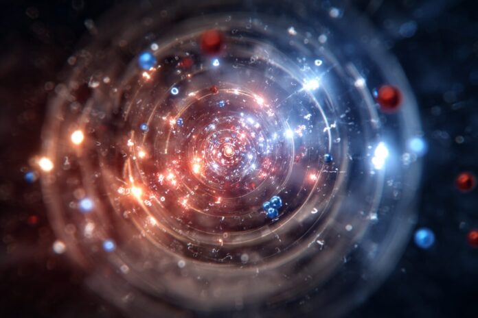 A visual representation of quarks and electrons as point-like fundamental particles against a cosmic background.