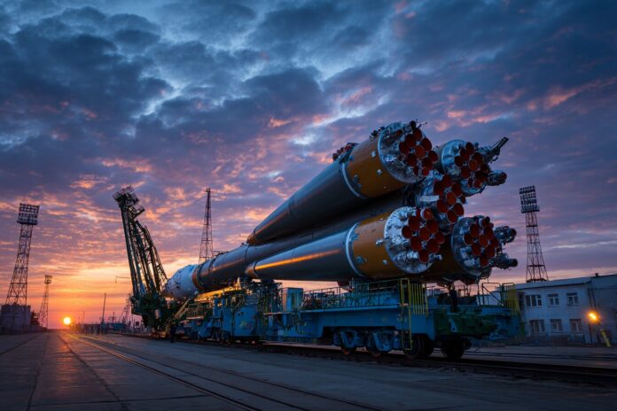 Progress 93 cargo spacecraft poised on the launch pad at Baikonur Cosmodrome during early morning preparations.