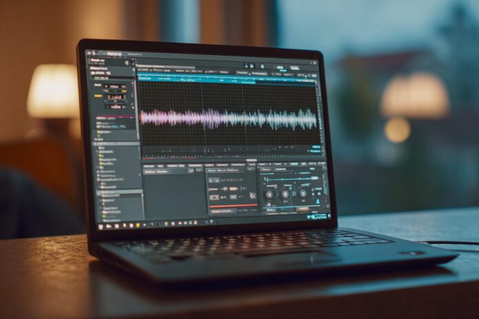 Transcribe! software interface window on Windows laptop displaying audio waveform and control panel.