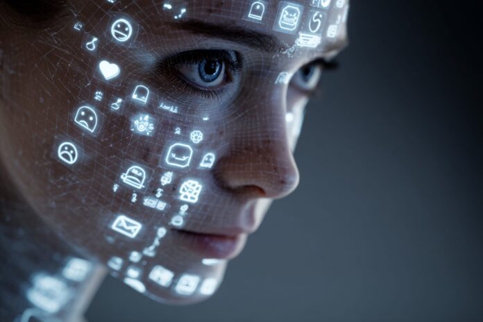 Close-up of a digital assistant with emotion icons overlayed, representing AI's emotional intelligence.