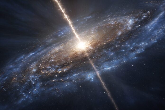 Artist's impression of a bright fast radio burst traversing space, with a spiral galaxy in the background.
