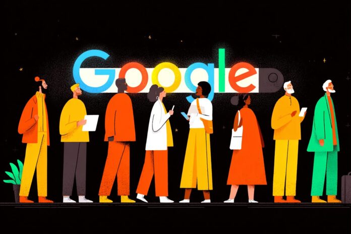 Graphic showing people using Google AI Mode on their devices with a glowing search bar
