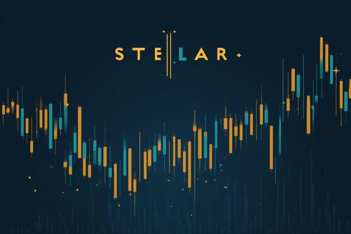 Stellar logo with digital market candlesticks, signifying volatile price action