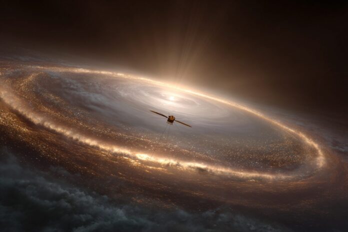 Artist's concept of the IMAP spacecraft mapping the heliosphere boundary.