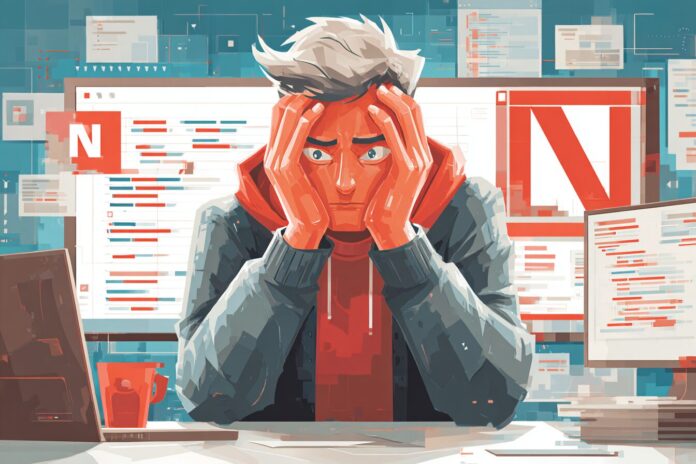 A concerned developer examines code with NPM logo on screen, reflecting urgency and community vigilance.