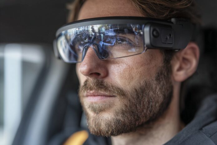 Amazon delivery driver wearing prototype AR glasses with heads-up display