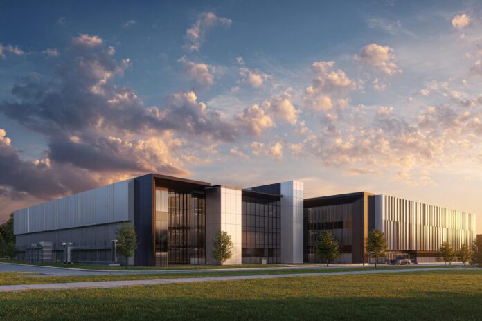 Exterior visualization of a cutting-edge Microsoft AI data center facility in the United States.