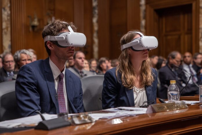 Two individuals testifying before the US Senate about child safety in Meta's VR platforms.