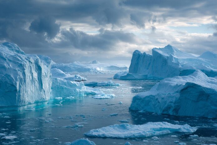 Expansive view of melting Arctic icebergs under a cloudy sky.