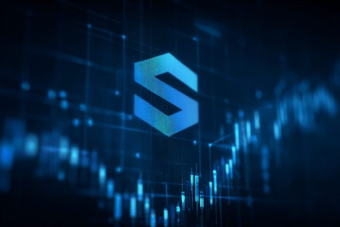 Solana blockchain logo against a digital stock chart background, symbolizing the bullish price rally.
