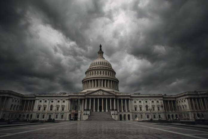 Capitol building with stormy clouds, symbolizing policy uncertainty for science under the Trump administration.