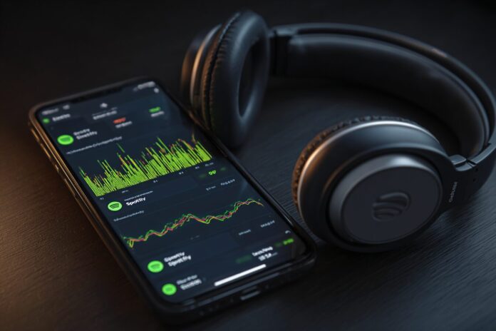 A pair of headphones next to a smartphone displaying Spotify's activity graphs.