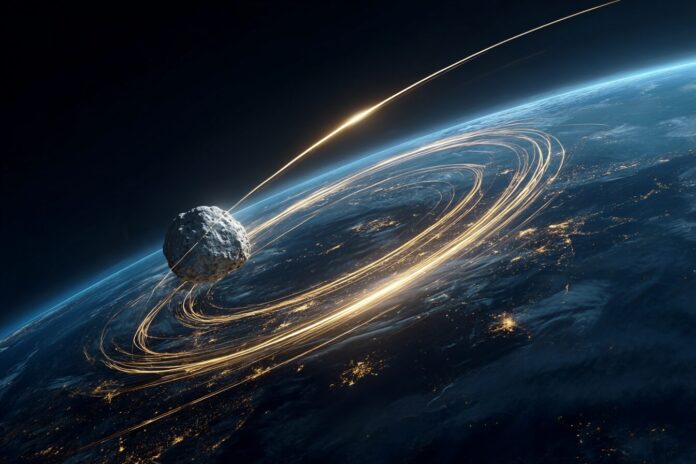 A planetary defense simulation shows an asteroid's trajectory changing toward a gravitational keyhole near Earth.