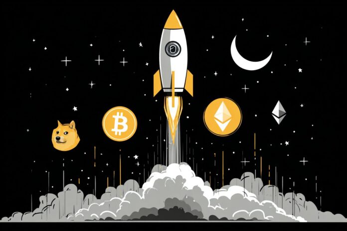 Illustration of Dogecoin rocketship soaring above Bitcoin and Ethereum logos, symbolizing rapid price gains.