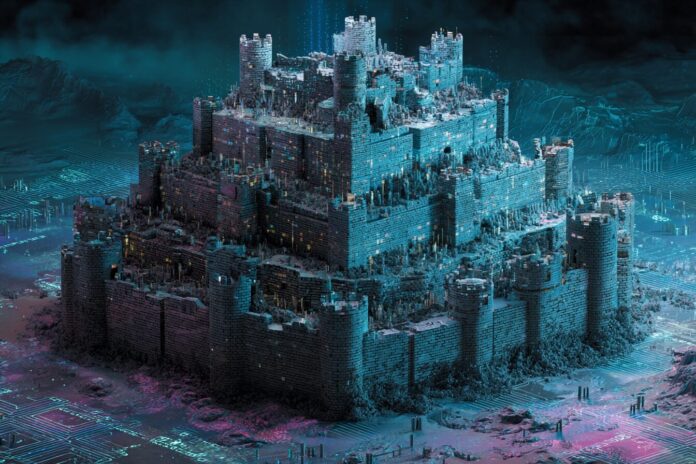 A layered digital fortress representing defense-in-depth cybersecurity practice.