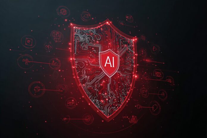 Illustration of a shield with AI and cybersecurity icons, symbolizing collaboration between CrowdStrike and Meta for better AI security evaluation.
