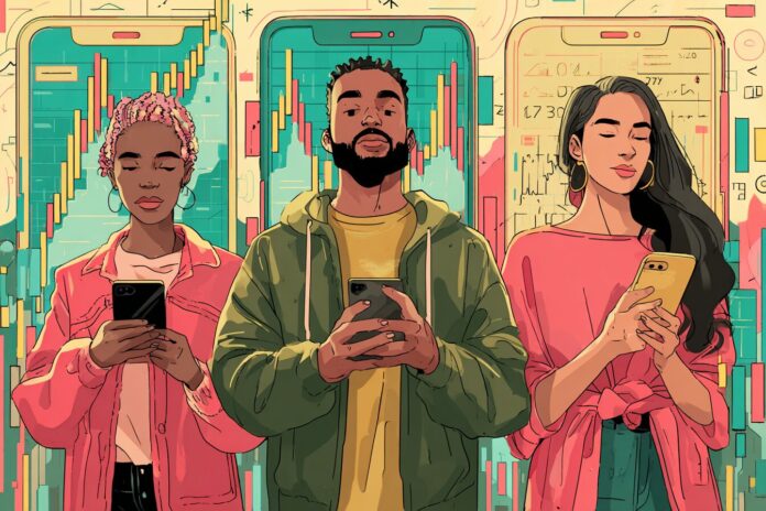 Robinhood Ventures Fund I promotional image with everyday investors viewing startup investment opportunities on digital devices
