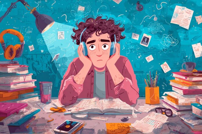 A creative adult with ADHD in a vibrant workspace, surrounded by books and gadgets, deeply focused on a new project.