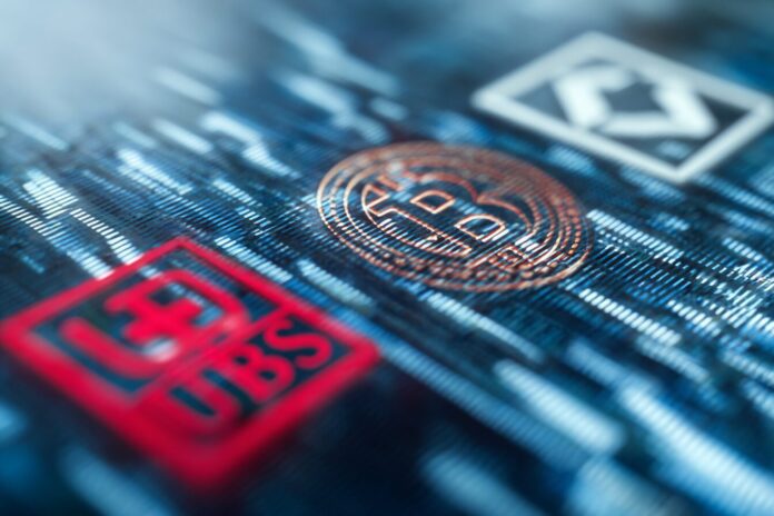 A close-up shot of the logos of UBS, PostFinance, and Sygnum Bank side by side, symbolizing Swiss financial innovation with a digital token on a blockchain in the background.