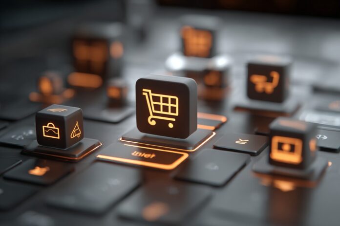 Modern digital commerce infrastructure with multiple touchpoints but no mouse cursor, emphasizing omnichannel visibility.