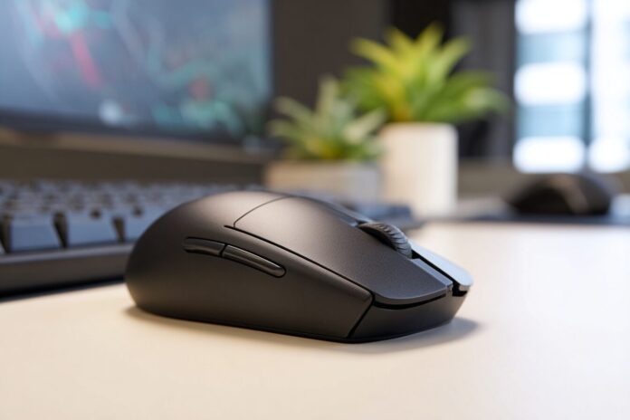 Logitech Pro X2 Superstrike wireless gaming mouse with sleek black body on a clean desk setup.