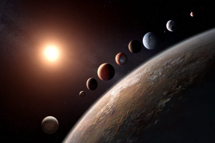 Artist's illustration of multiple diverse exoplanets orbiting distant stars, highlighting variety and scale.