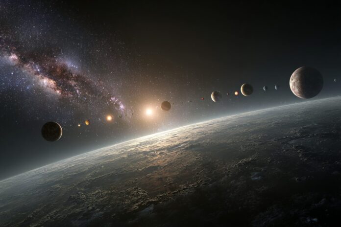 A digitally rendered view of numerous exoplanets in the Milky Way as seen from a distant vantage.