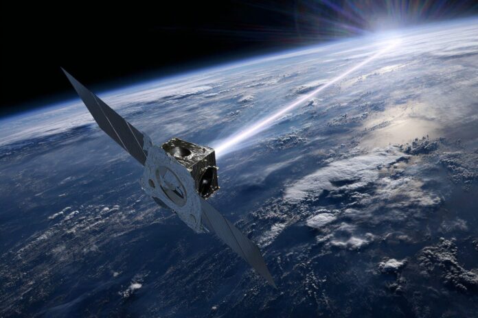 Artist illustration of NASA Psyche spacecraft with laser communications signal connecting to Earth.