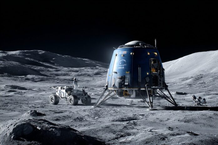 Blue Origin's Blue Moon MK1 lander on the lunar surface with the VIPER rover next to it under the faint sunlight at the Moon’s south pole.