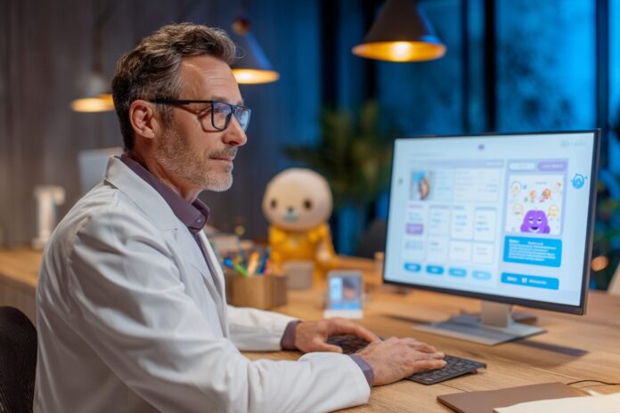 Therapist consulting an AI chatbot interface in a clinical setting