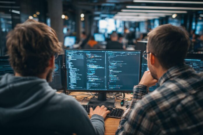 Developers collaborating with AI copilot for rapid coding