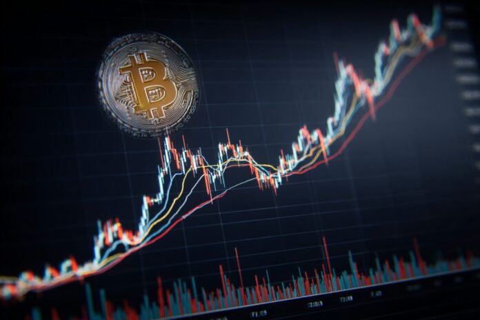 Bitcoin price chart nearing all-time high, indicating high volatility.
