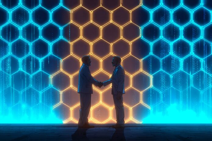Stylized illustration of two digital fintech leaders shaking hands in front of a modern, glowing blockchain lattice, symbolizing the Stripe and Paradigm partnership launching Tempo.