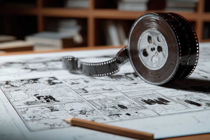 Retro movie reel and AI-generated storyboard recreating a lost Orson Welles film scene