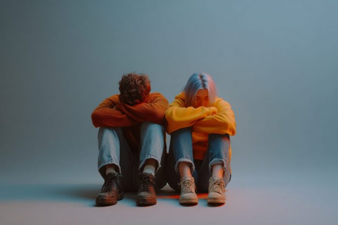 Couple sitting together supporting each other with mental health issues.