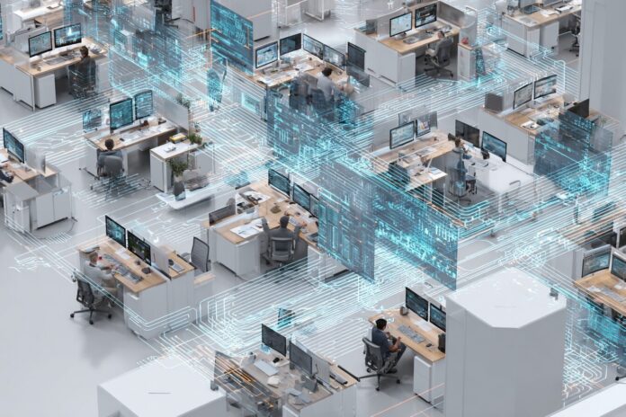 Overhead view of a bustling corporate office with digital representations of enterprise software and AI data streams interwoven across workstations.