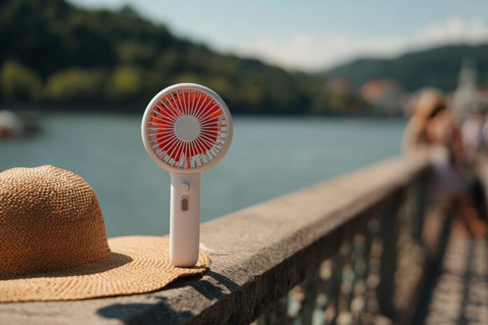 Compact Torras Coolify Iva handheld fan with a clip, shown on a summer outing.