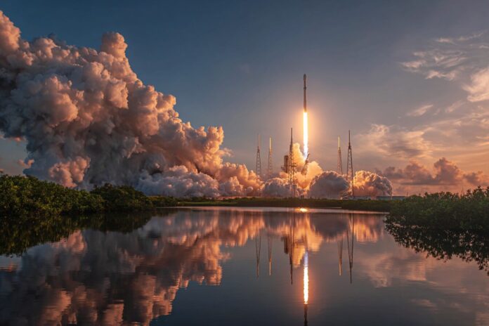 SpaceX Falcon 9 rocket launching at sunrise with clouds and blue sky.