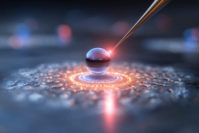 A scanning tunneling microscope (STM) tip approaching a single atom on a surface, visualized as an artistic rendering symbolizing atomic-scale observation.