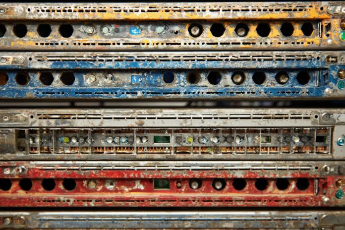 A close-up view of a decommissioned server rack once used for Stack Overflow.