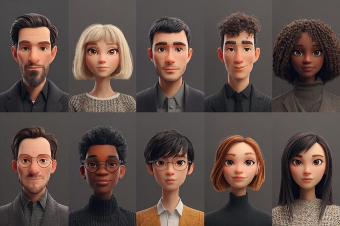 A lineup of diverse, lifelike AI avatars with expressive faces generated by Synthesia