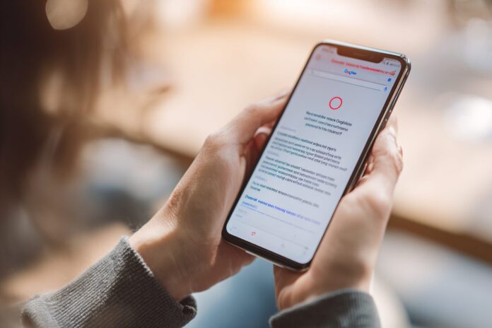 A person using a smartphone with Google Circle to Search, highlighting text for live translation while scrolling a foreign website.