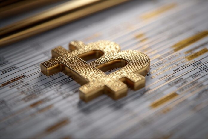 A corporate office with a stylized Bitcoin symbol integrated into a balance sheet spreadsheet.